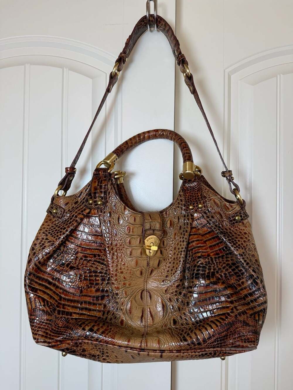 Brahmin Crocodile Embossed Melbourne Brown Celia Top Handle Satchel w/Strap
